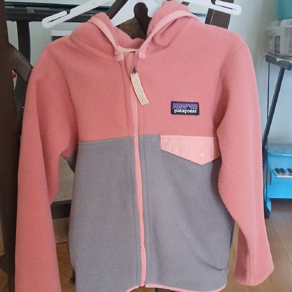 Patagonia Kids Pink and Gray Fleece Hoodie